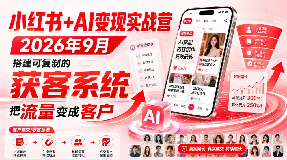 小红书+AI变现实战营2026年9月，搭建可复制的获客系统，把流量变成客户！-副业168副业网