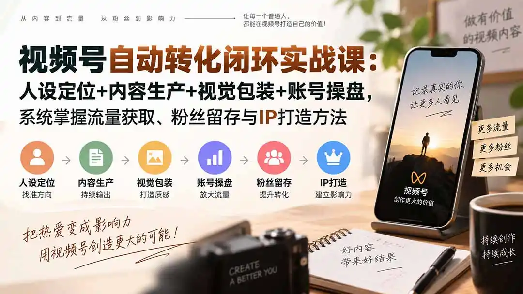 视频号自动转化闭环实战课:人设定位+内容生产+视觉包装+账号操盘,系统掌握流量获取、粉丝留存与IP打造方法-副业168副业网