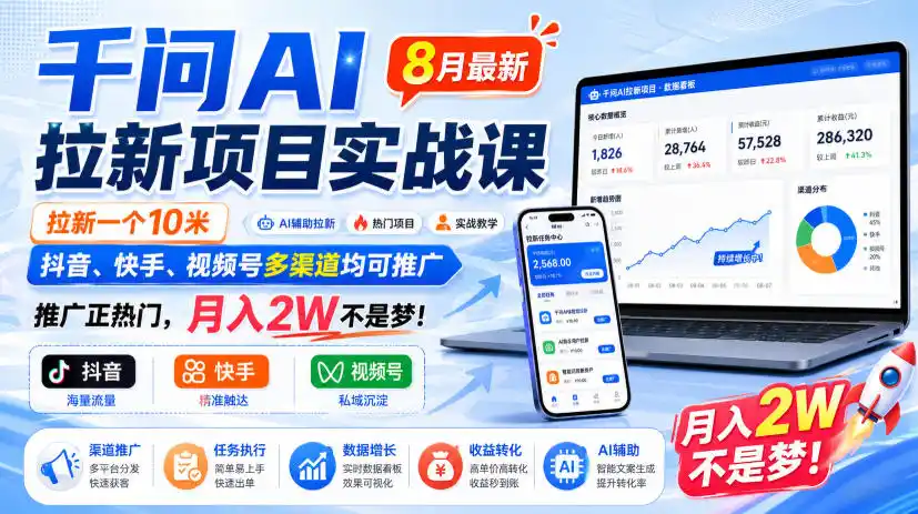 千问AI拉新项目实战课8月最新,拉新一个10米,抖音、快手、视频号多渠道均可推广,推广正热门,月入2W不是梦!(更新0929)-副业168副业网