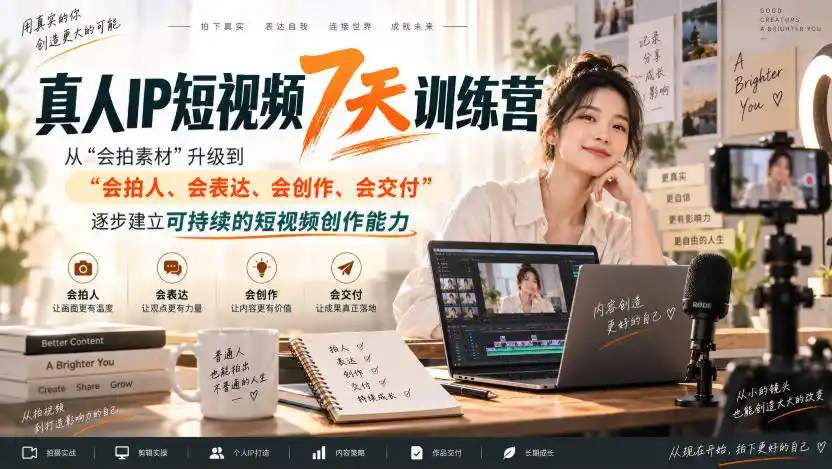 真人IP短视频7天训练营,从“会拍素材”升级到“会拍人、会表达、会创作、会交付”,逐步建立可持续的短视频创作能力-副业168副业网