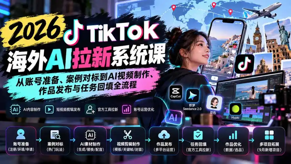 【无水印】2026 TikTok海外AI拉新系统课：从账号准备、案例对标到AI视频制作、作品发布与任务回填全流程-副业168副业网