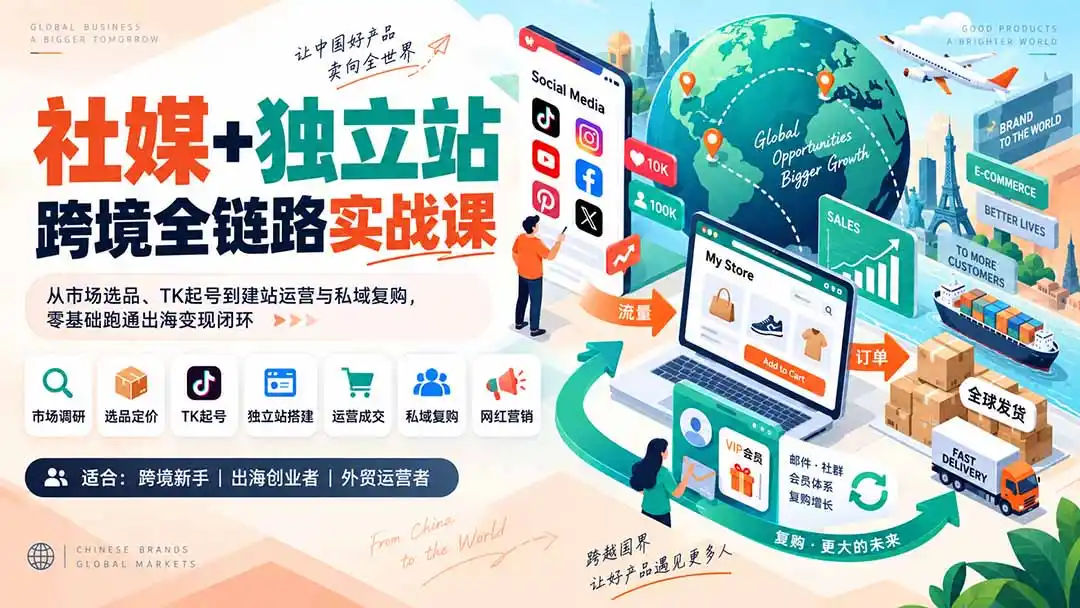 社媒+独立站跨境全链路实战课：从市场选品、TK起号到建站运营与私域复购，零基础跑通出海变现闭环-副业168副业网