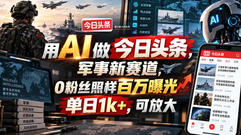 用AI做今日头条，军事新赛道，0粉丝照样百万曝光，单日1k+，可放大-副业168副业网