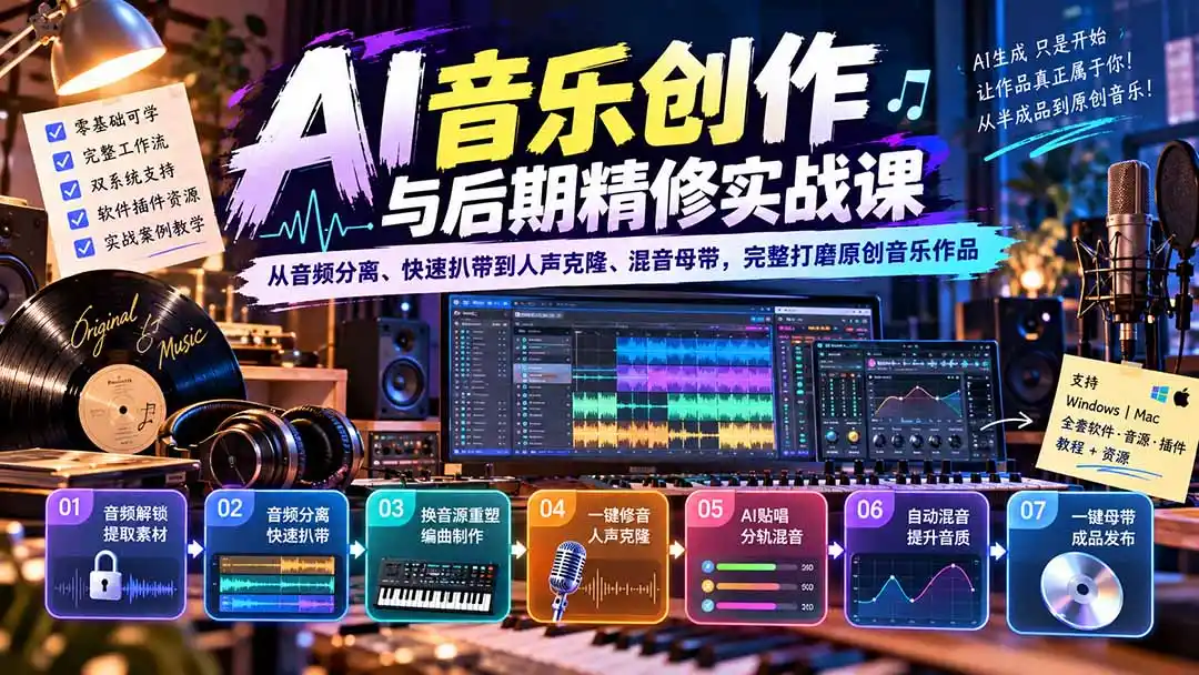 AI音乐创作与后期精修实战课：从音频分离、快速扒带到人声克隆、混音母带，完整打磨原创音乐作品-副业168副业网
