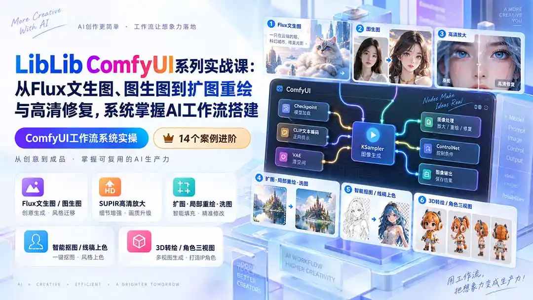 LibLib ComfyUI系列实战课:从Flux文生图、图生图到扩图重绘与高清修复,系统掌握AI工作流搭建-副业168副业网