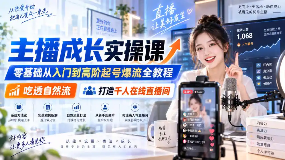主播成长实操课｜零基础从入门到高阶起号爆流全教程，吃透自然流，打造千人在线直播间-副业168副业网