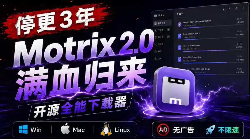 停更3年,Motrix 2.0满血归来:开源全能下载器,Win/Mac/Linux通吃,无广告不限速-副业168副业网