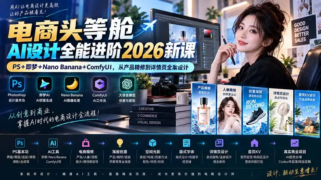 电商头等舱AI设计全能进阶2026新课:PS+即梦+Nano Banana+ComfyUI,从产品精修到详情页全案设计-副业168副业网