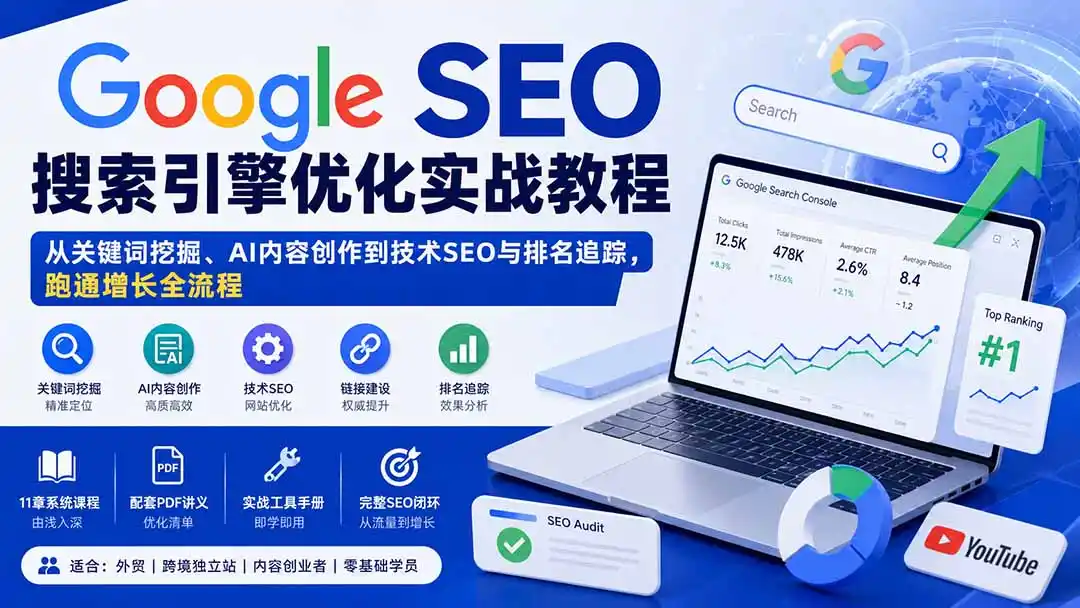 Google SEO搜索引擎优化实战教程：从关键词挖掘、AI内容创作到技术SEO与排名追踪，跑通增长全流程-副业168副业网