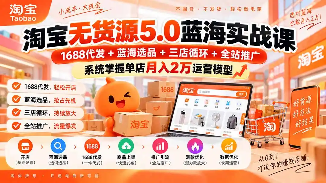 淘宝无货源5.0蓝海实战课-更新0927：1688代发+蓝海选品+三店循环+全站推广，系统掌握单店月入2万运营模型-副业168副业网